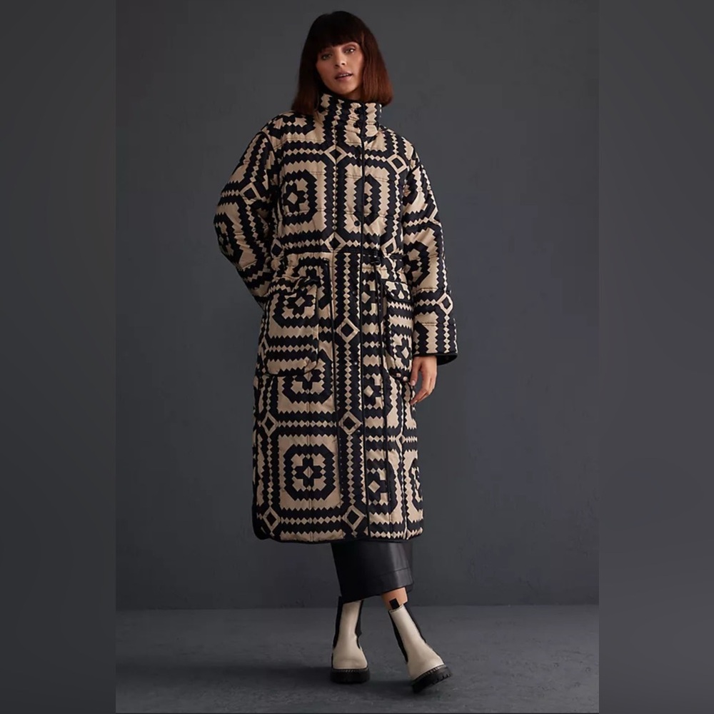 Anthropologie Black and Cream Geometric Puffer Coat